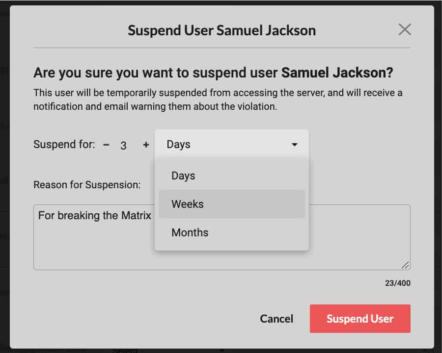 suspend user modal